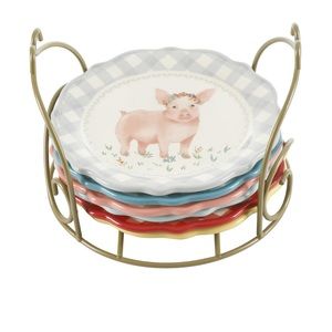 💥 New The Pioneer Woman Novelty 7-Piece Dessert Plate Set with Wire Rack